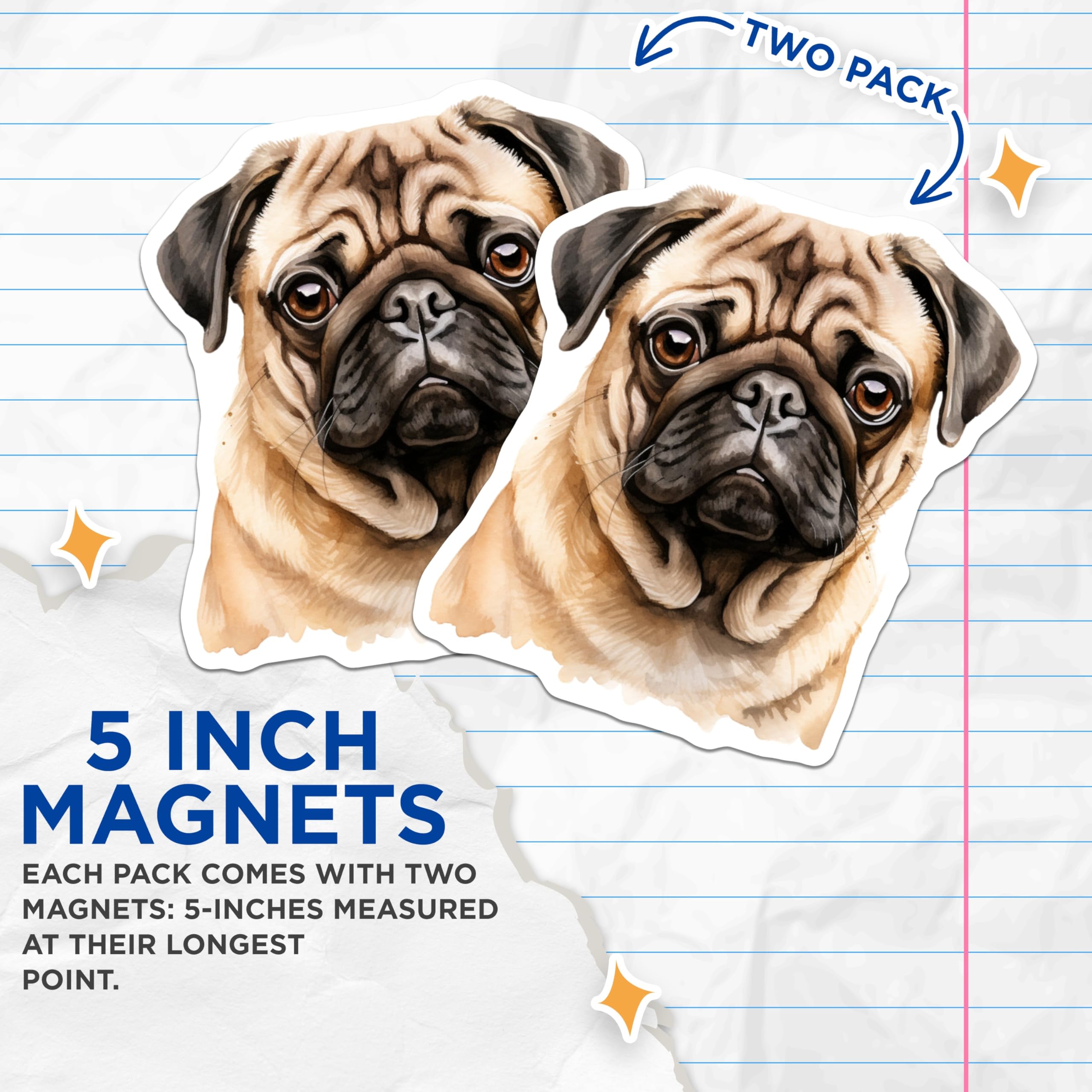 (2 Pack) Cute Pug Magnets - Watercolor Dog Decor - Pet Owner Appreciation - 5 Inches On Longest Side - Thick Durable Magnet - Made in USA - MAG26967