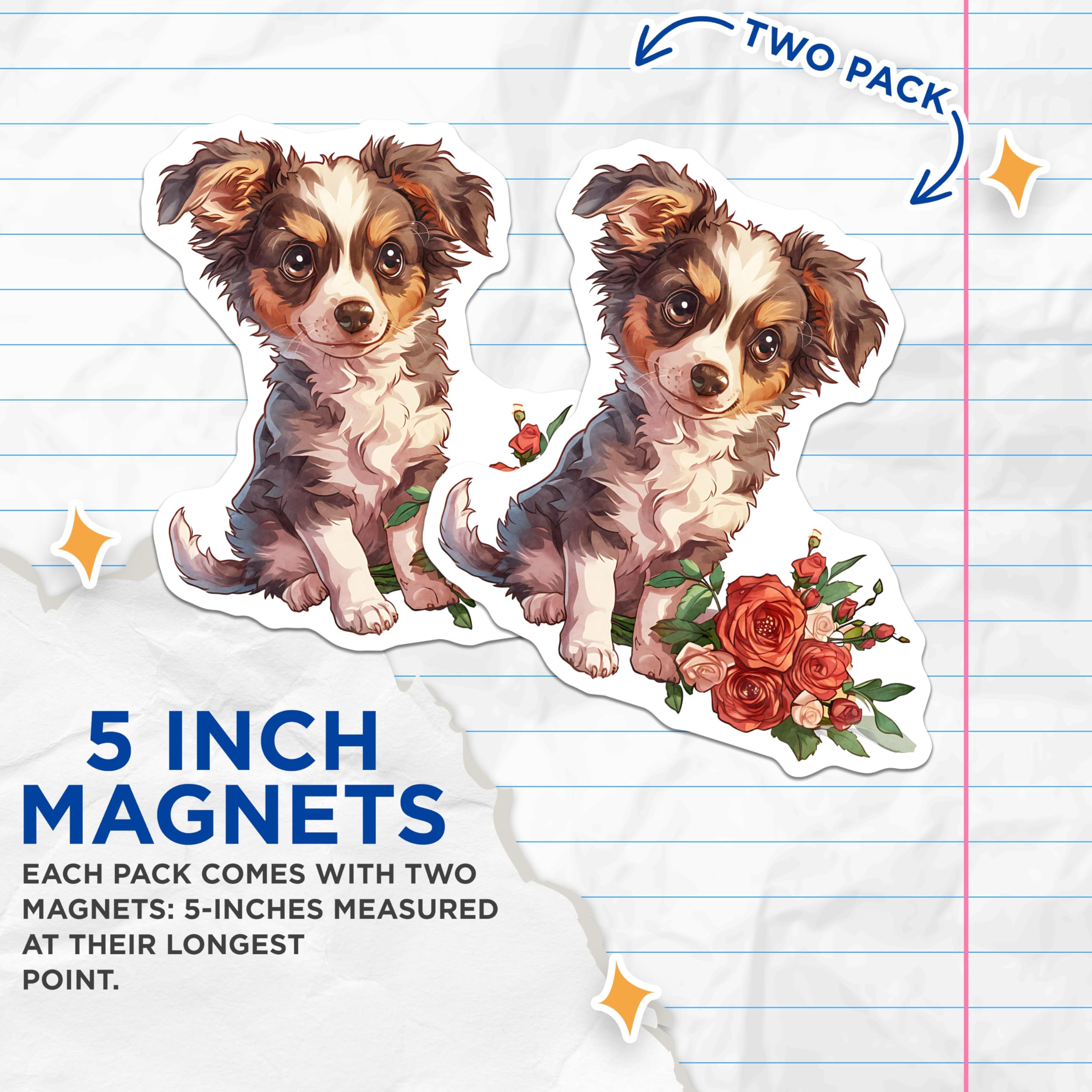 (2 Pack) Australian Shepherd Magnets - Cute Puppy - Floral Home Decor - 5" On Longest Side - Premium Magnet - for Cars, Refrigerators, Toolboxes, Lockers - Made in USA - MAG17105