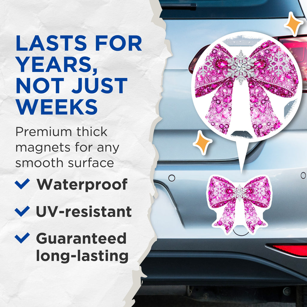 (2 Pack) Pink Bling Bow Magnets - Festive Snowflake Decor - Girly Refrigerator Magnets - 5 Inches On Longest Side - Thick Durable Magnet - Made in USA - MAG37764