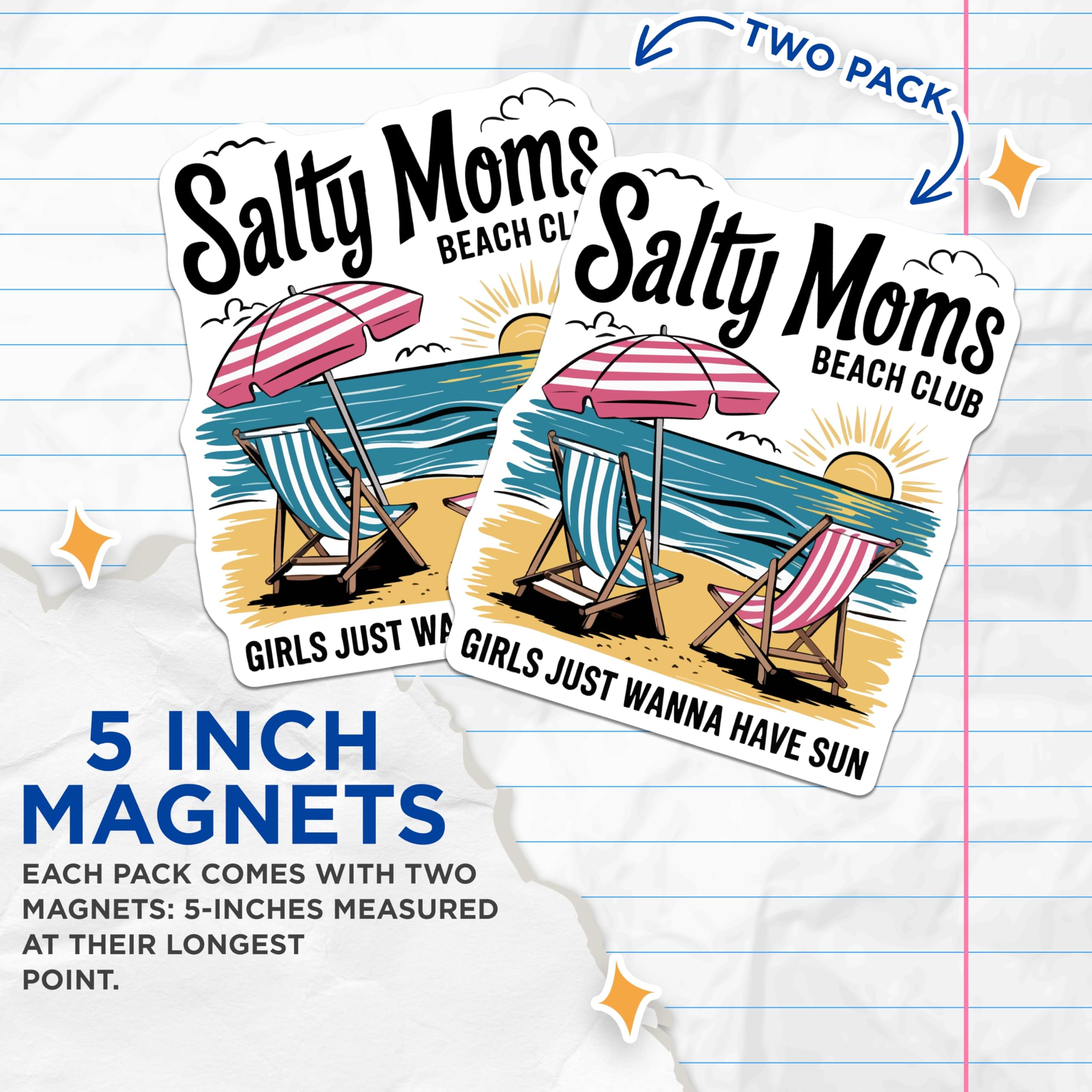 (2 Pack) Salty Moms Magnets - Beach Club Vacation Decor - Funny Mom Life Sayings - Girls Just Wanna Have Sun - 5 Inches On Longest Side - Thick Durable Magnet - Made in USA - MAG22124