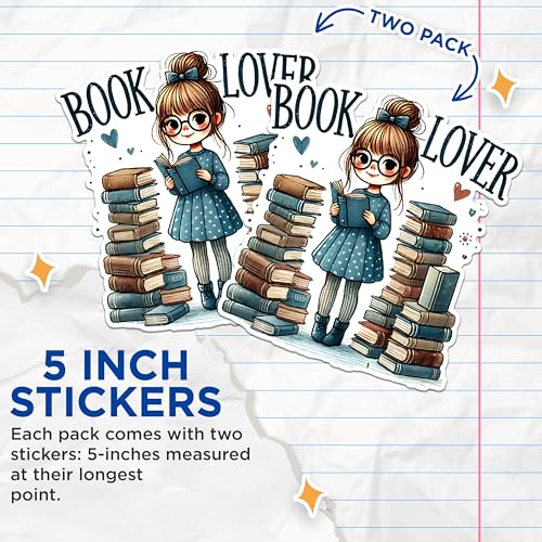 (2 Pack) Book Lover Stickers - Cute Bookworm Stickers - Reading Enthusiast Decals - 5" On Longest Side - Sticks to Any Smooth Flat Surface - Made in USA - BMCS2748