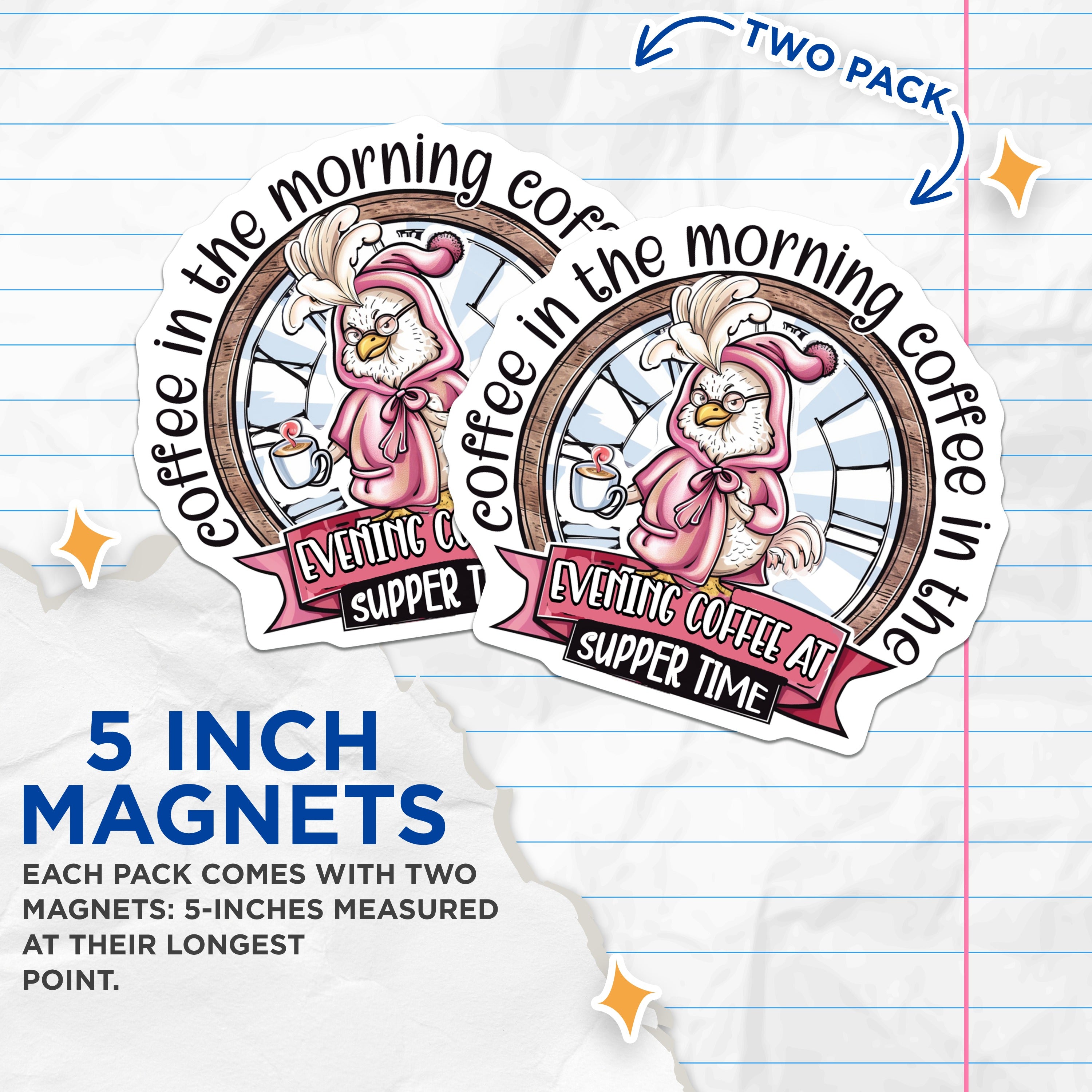 (2 Pack) Coffee Lover Magnets - Funny Owl Design - Morning Evening Coffee Fridge Decor - 5 Inches On Longest Side - Thick Durable Magnet - Made in USA - MAG39907