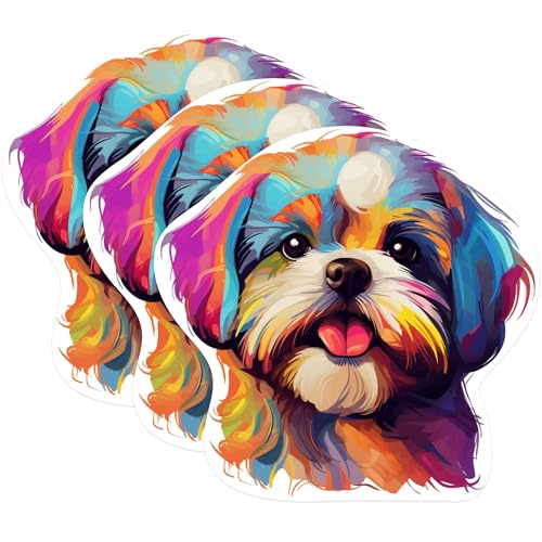 (3 Pack) Shih Tzu Decals - Colorful Dog Art - Laptop Decal - 3 Inches On Longest Side - Easy Peel & Apply - Made in USA - 3MCS0823