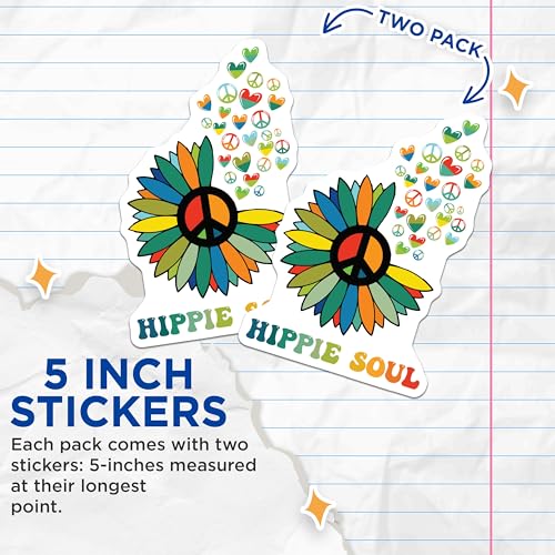 (2 Pack) Hippie Soul Stickers - Peace Sign Flower Stickers - Colorful Retro Stickers - 5" On Longest Side - Sticks to Smooth Flat Surfaces - Made in USA - BMCS4695