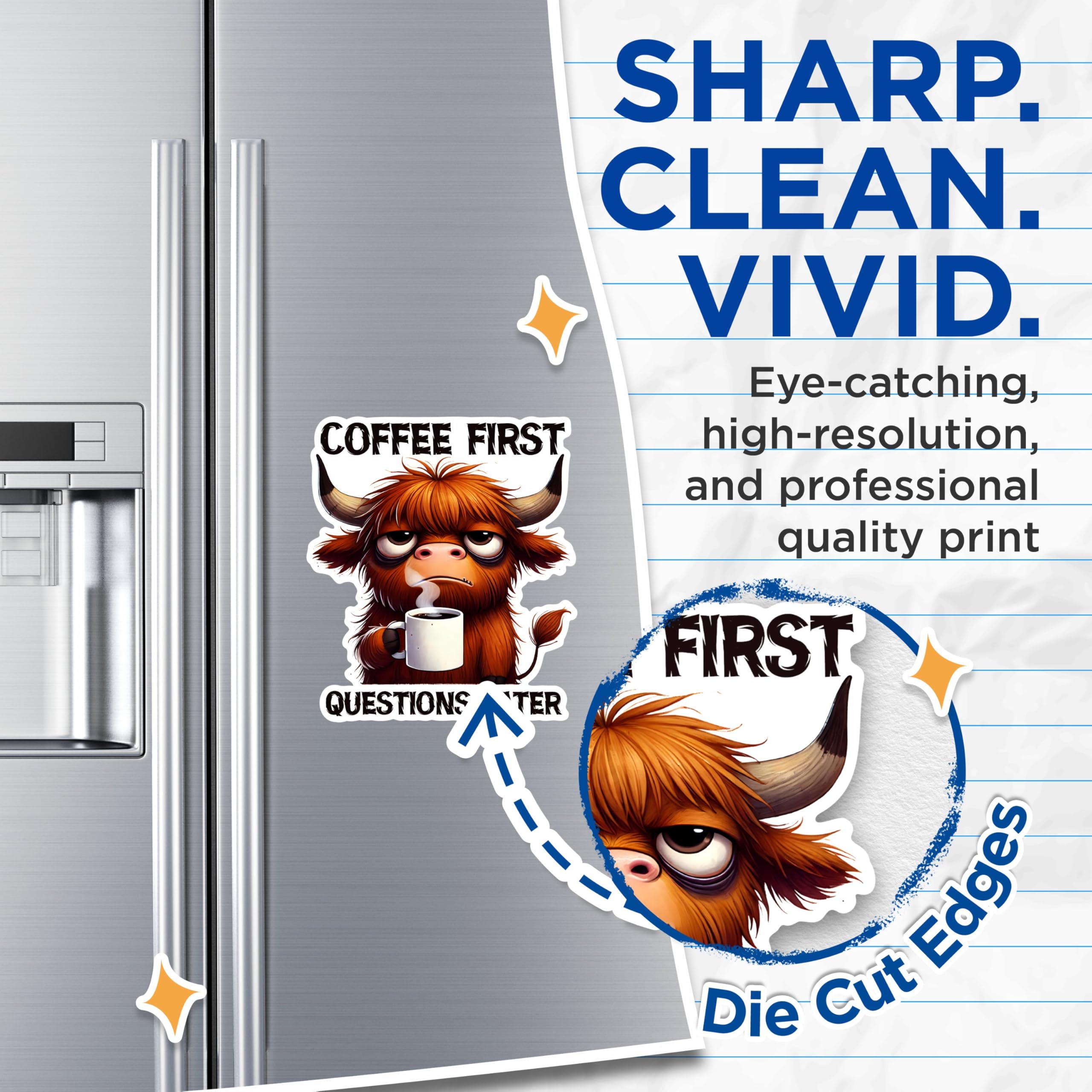 (2 Pack) Highland Cow Coffee First Magnets - Funny Coffee Quote Magnets - Cute Animal Magnets- 5" On Longest Side - for Fridges, Toolboxes, Cars - Made in USA - MAG2778