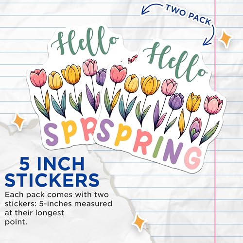 (2 Pack) Hello Spring Stickers - Floral - Spring Flowers Decal - 5" On Longest Side - Sticks to Smooth Flat Surfaces - Made in USA - BMCS8010