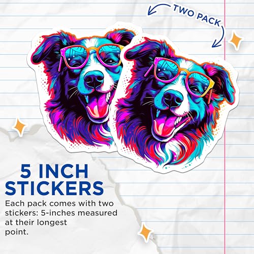(2 Pack) Colorful Dog Stickers - Fun Pet Art - Cool Dog Graphic - 5" On Longest Side - Sticks to Smooth Flat Surfaces - Made in USA - BMCS7235