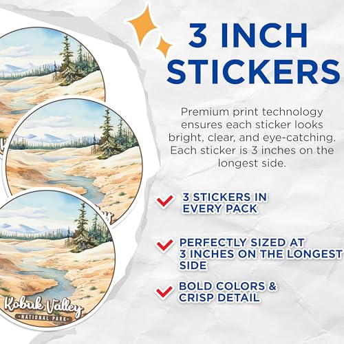 (3 Pack) Kobuk Valley Decals - National Park Stickers - Landscape Art - 3 Inches On Longest Side - Easy Peel & Apply - Made in USA - 3MCS0477