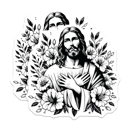 (2 Pack) Jesus Floral Stickers - Religious Art - Inspirational Stickers - 5" On Longest Side - Sticks to Smooth Flat Surfaces - Made in USA - BMCS7325