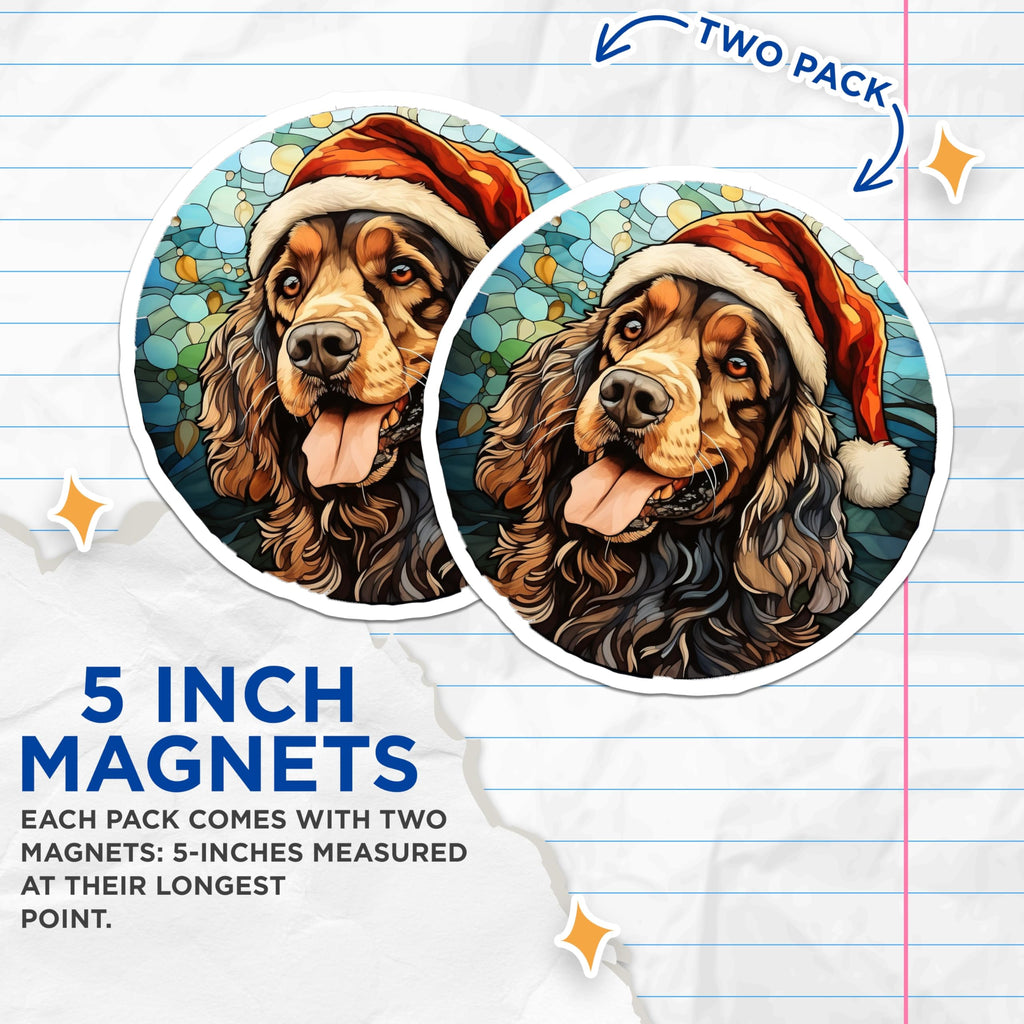 (2 Pack) Christmas Dog Magnets - Santa Spaniel Holiday Decor - Stained Glass Pet Art - 5 Inches On Longest Side - Thick Durable Magnet - Made in USA - MAG30325