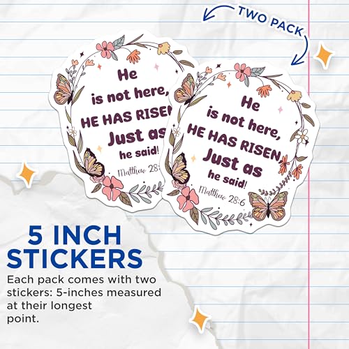 (2 Pack) Easter Bible Verse Stickers - He Has Risen - Inspirational Religious Stickers - 5" On Longest Side - Sticks to Smooth Flat Surfaces - Made in USA - BMCS5939