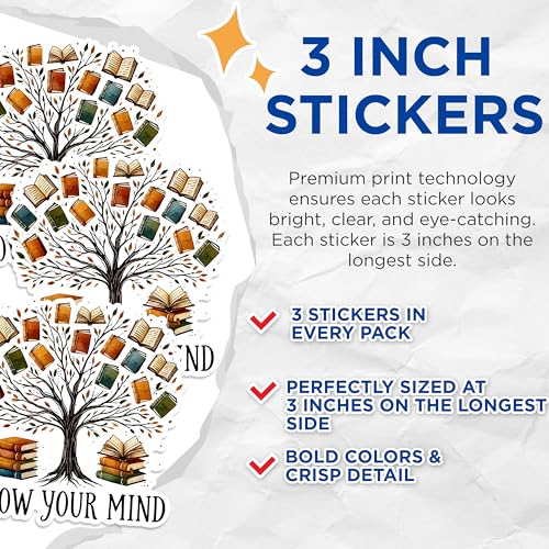 (3 Pack) Book Tree Decals - Grow Your Mind Sticker - Laptop Decal - Reader Gift - 3 Inches On Longest Side - Easy Peel & Apply - Made in USA - 3MCS1568