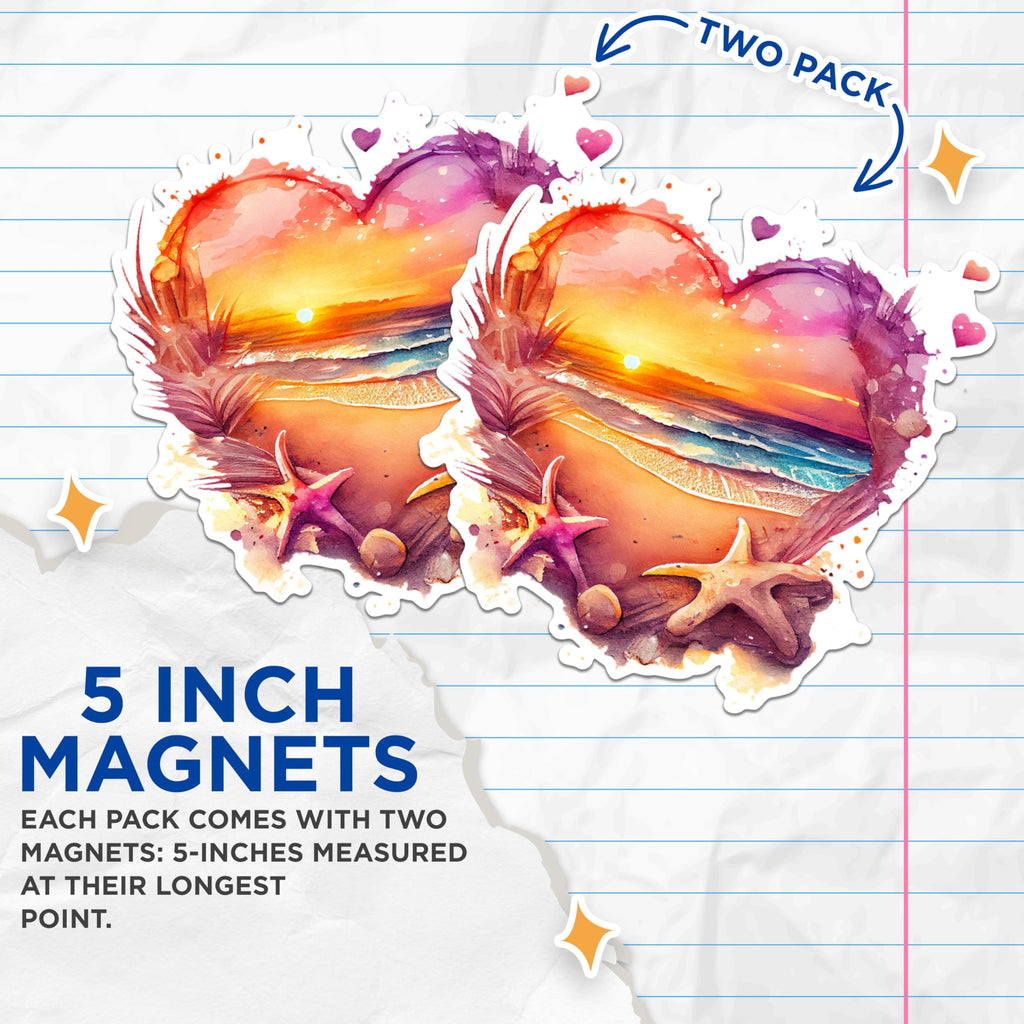 (2 Pack) Heart Shaped Beach Sunset Magnets - Coastal Ocean View Magnets - Sea Star and Seashell Magnets- 5" On Longest Side - for Fridges, Toolboxes, Cars - Made in USA - MAG2855