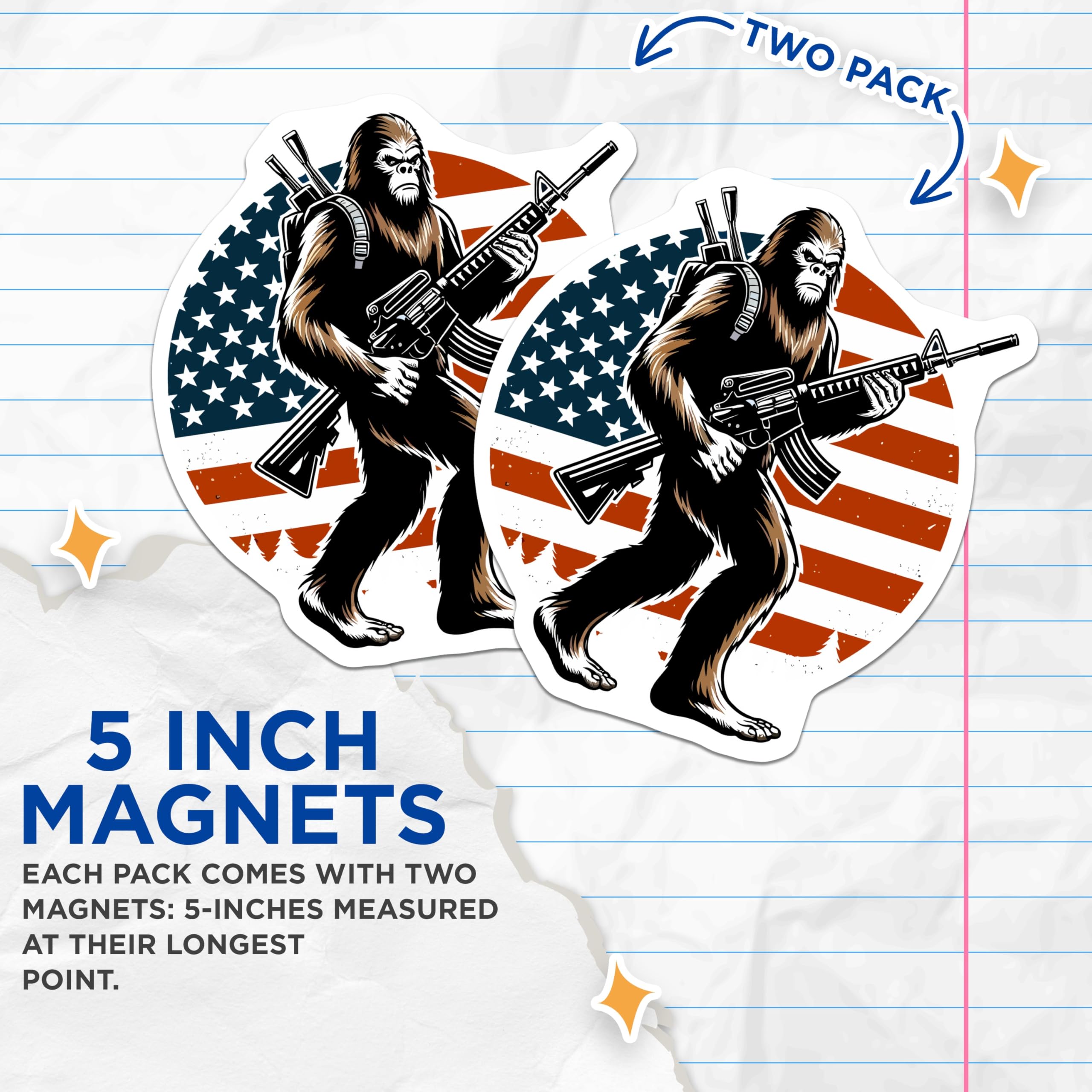 (2 Pack) Bigfoot Magnets - Patriotic Sasquatch - American Flag Cryptid Decor - 5 Inches On Longest Side - Thick Durable Magnet - Made in USA - MAG21720