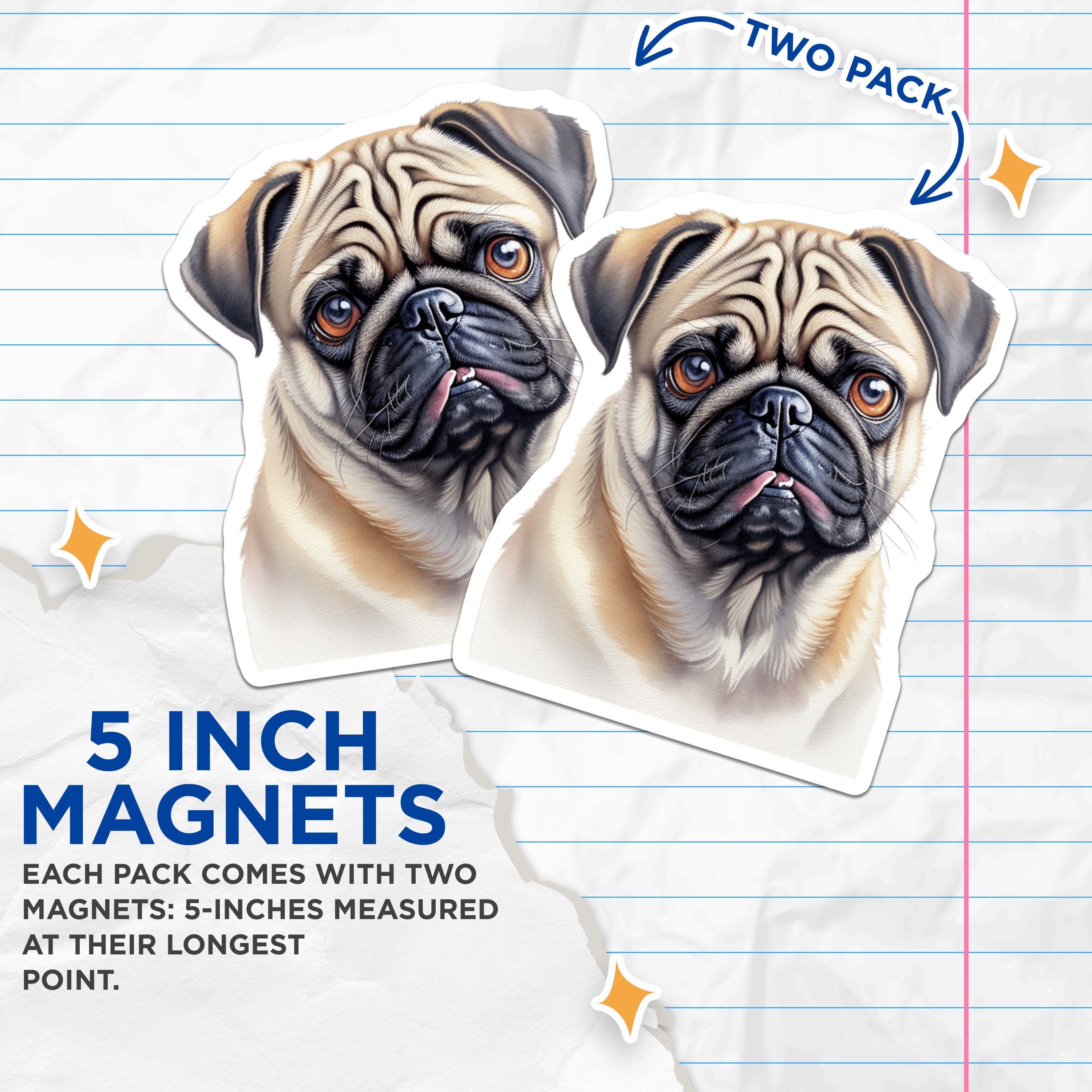 (2 Pack) Pug Dog Magnets - Cute Fawn Pug Art - Pet Parent Decor - Dog Lover Accessory - 5 Inches On Longest Side - Thick Durable Magnet - Made in USA - MAG36355
