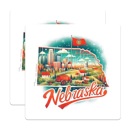 (2 Pack) Nebraska State Art Stickers - Vintage Nebraska Travel Stickers - Scenic Nebraska Landscape Decals - 5" On Longest Side - Sticks to Smooth Flat Surfaces - Made in USA - BMCS5212