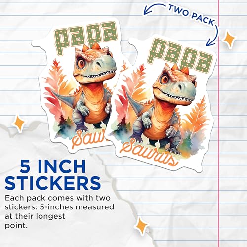 (2 Pack) Papasaurus Stickers - Cute Dinosaur Stickers - Fun Stickers for Kids and Adults - 5" On Longest Side - Sticks to Smooth Flat Surfaces - Made in USA - BMCS4205