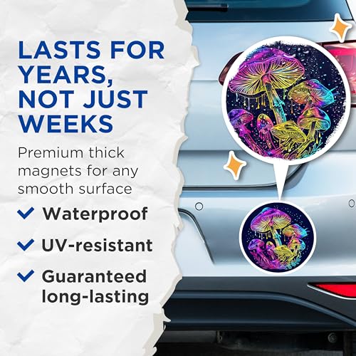 (2 Pack) Psychedelic Mushroom Magnets - Trippy Art - Boho Decor - Neon Mushrooms Design - 5" On Longest Side - for Cars, Fridges, Toolboxes - Made in USA - MAG7192
