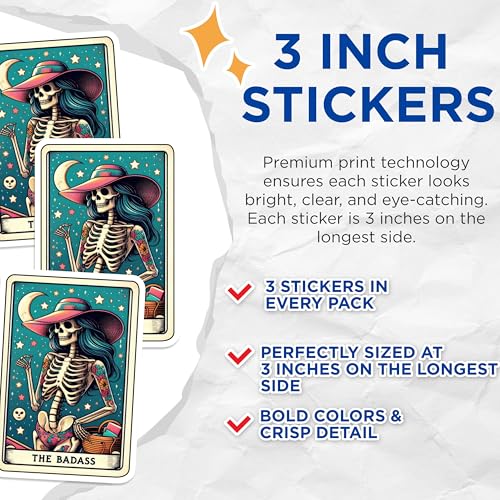 (3 Pack) Badass Skeleton Decals - Tattooed Skull Stickers - Tarot Card Decals - 3 Inches On Longest Side - Easy Peel & Apply - Made in USA - 3MCS4118