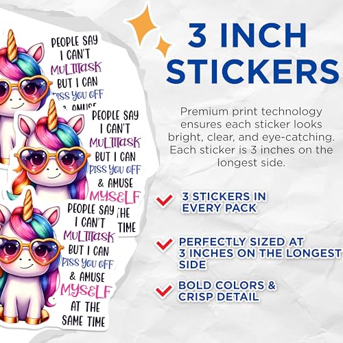 (3 Pack) Funny Unicorn Decals - Sarcastic Quote - Laptop Decal - 3 Inches On Longest Side - Easy Peel & Apply - Made in USA - 3MCS2126
