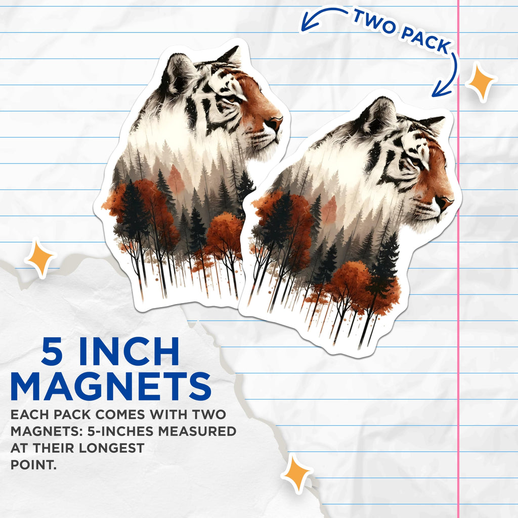 (2 Pack) Tiger Forest Magnets - Nature Art - Animal Magnets - 5" On Longest Side - Premium Magnet - for Cars, Refrigerators, Toolboxes, Lockers - Made in USA - MAG15240
