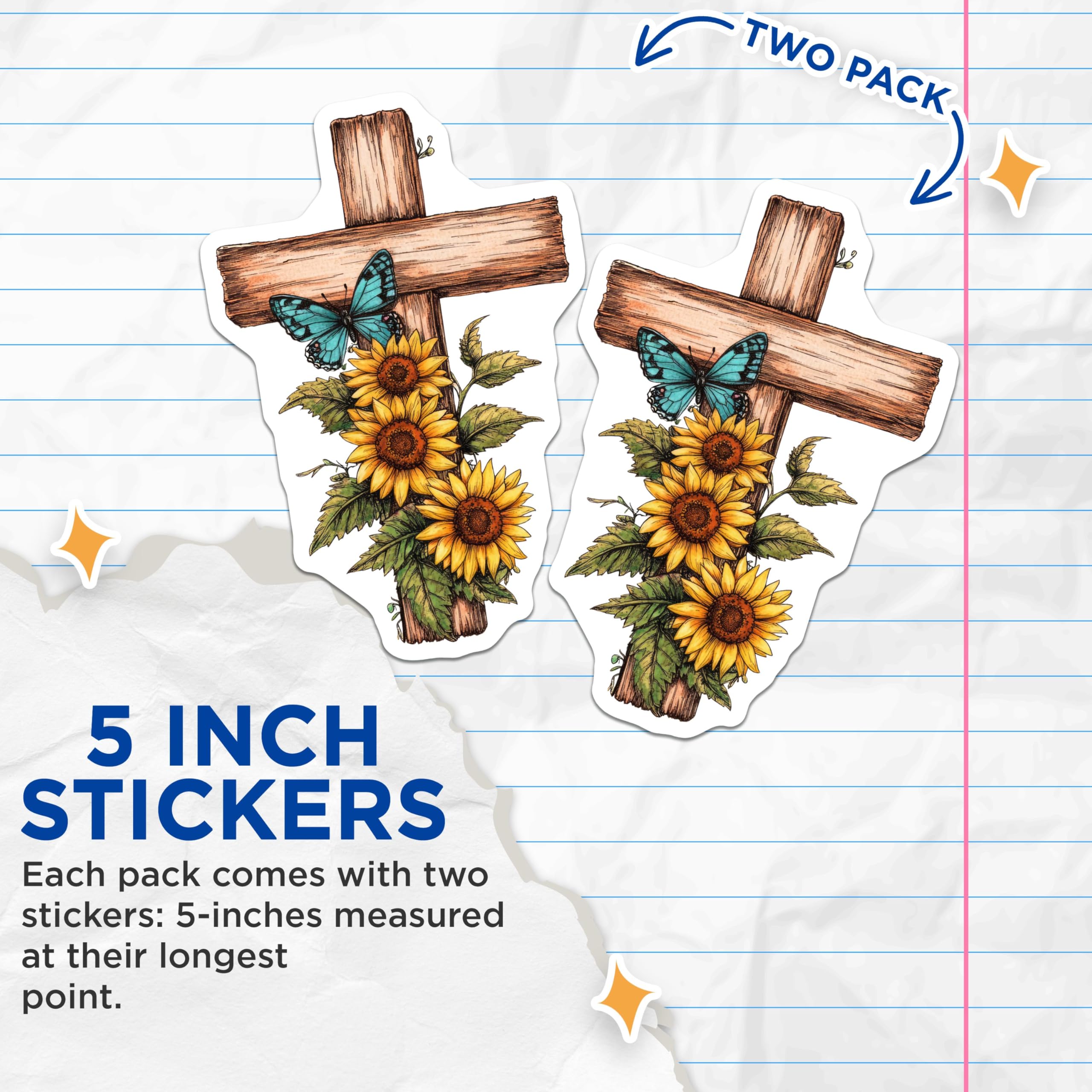 (2 Pack) Sunflower Cross Stickers - Butterfly Cross Decal - Christian Faith Sticker - 5" On Longest Side - Sticks to Smooth Flat Surfaces - Made in USA - BMCS8737 - Religious Inspirational Sticker