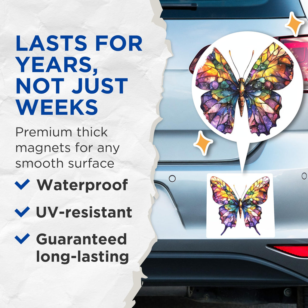 (2 Pack) Stained Glass Butterfly Magnets - Colorful Fridge Decor - Boho Insect Art - 5 Inches On Longest Side - Thick Durable Magnet - Made in USA - MAG30978