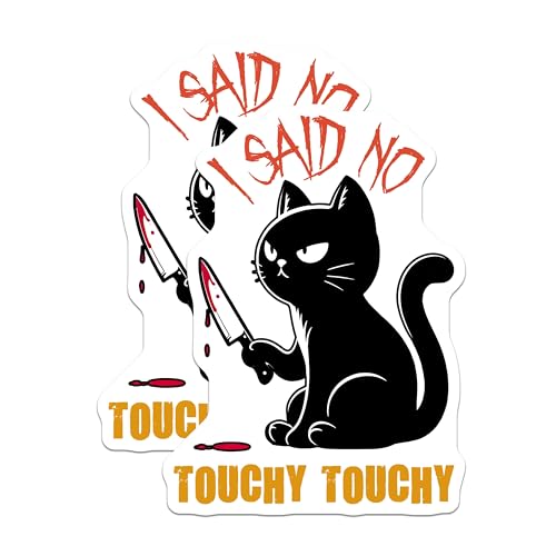 (2 Pack) Cat with Knife Stickers - Funny Angry Cat - I Said No Touchy Touchy - 5" On Longest Side - Sticks to Smooth Flat Surfaces - Made in USA - BMCS7337