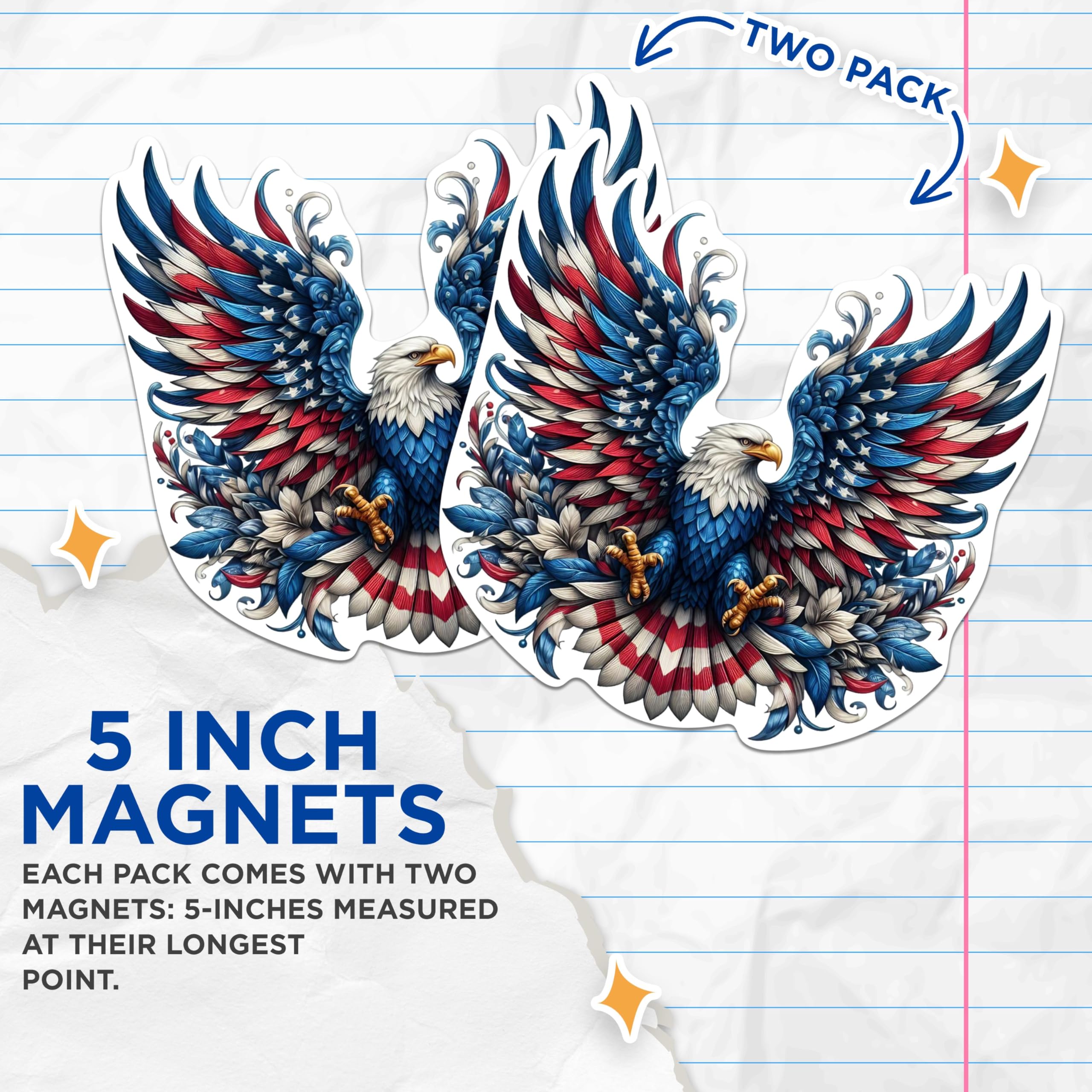 (2 Pack) Patriotic USA Flag Bald Eagle Screaming Eagle Magnets - USA Flag Magnets - 5 Inches On Longest Side - Premium Magnet - for Cars, Refrigerators, Toolboxes - Made in USA - MAG2114
