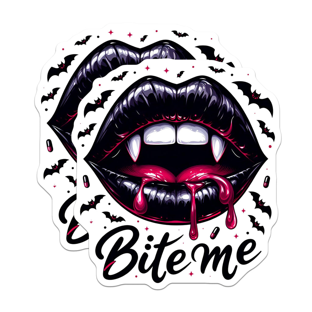 (2 Pack) Bite Me Stickers - Vampire Lips - Spooky Halloween Stickers - 5" On Longest Side - Sticks to Smooth Flat Surfaces - Made in USA - BMCS6100