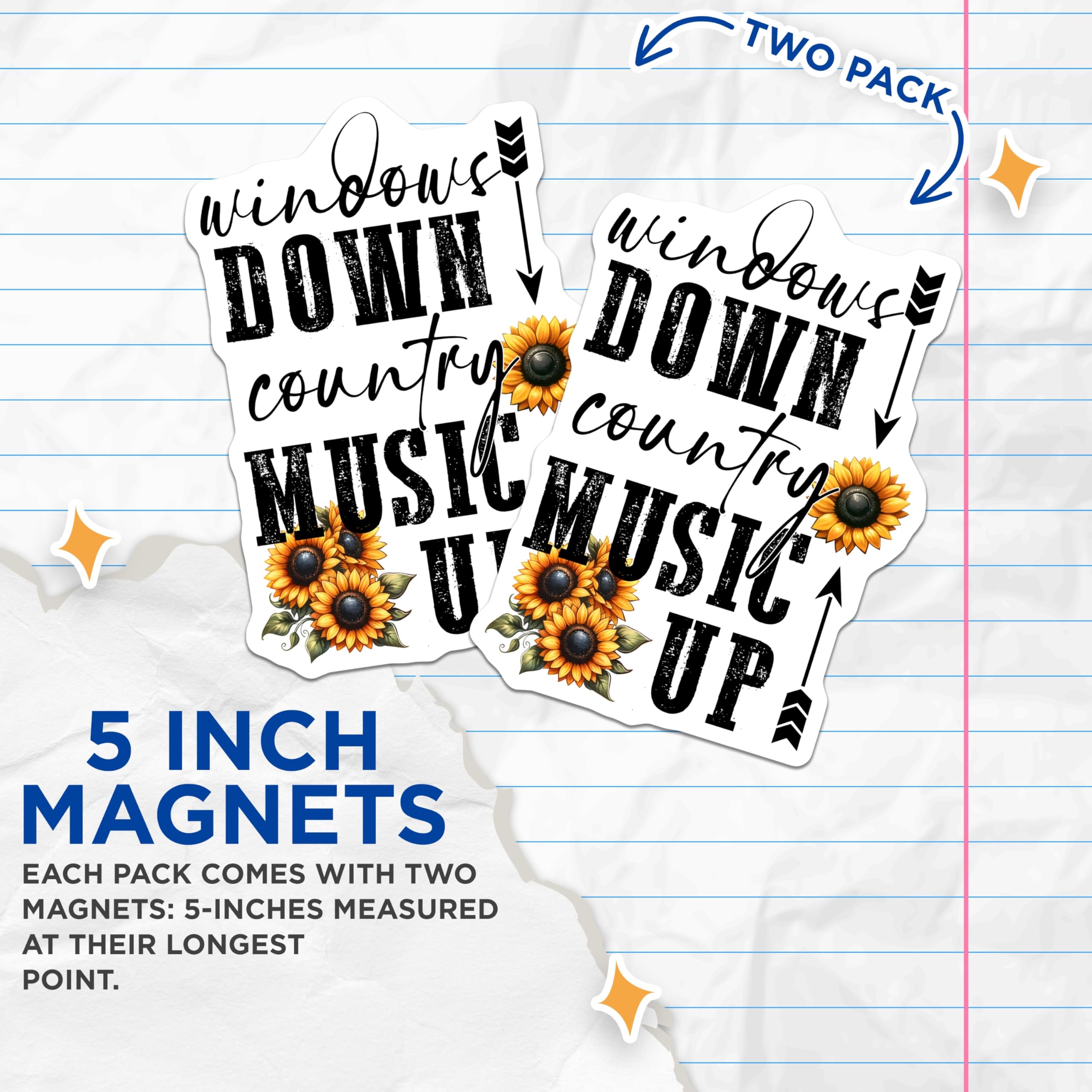 (2 Pack) Country Music Magnets - Windows Down Decor - Sunflower Magnets for Refrigerator - 5" On Longest Side - Premium Magnet - for Cars, Refrigerators, Toolboxes, Lockers - Made in USA - MAG14112