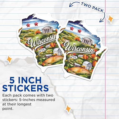(2 Pack) Wisconsin Illustrated Map Stickers - Travel Stickers - State Landmark Stickers - 5" On Longest Side - Sticks to Smooth Flat Surfaces - Made in USA - BMCS6288