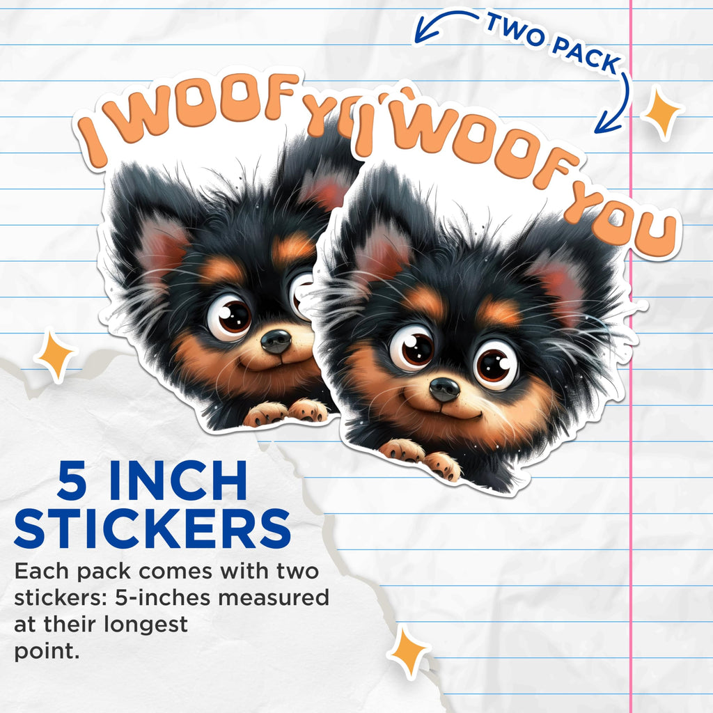 (2 Packs) I Woof You Cute Dog Breed Stickers - Fluffy Dog Breed Decals - 5 Inches On Longest Side - Premium Vinyl Decal - Sticks to Any Smooth Flat Surface - Made in USA - BMCS2362