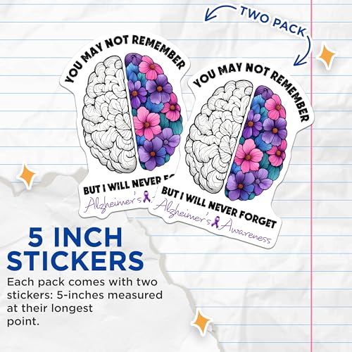 (2 Pack) Alzheimer's Awareness Stickers - Inspirational Quote - Brain and Flower Design - 5" On Longest Side - Sticks to Smooth Flat Surfaces - Made in USA - BMCS9795