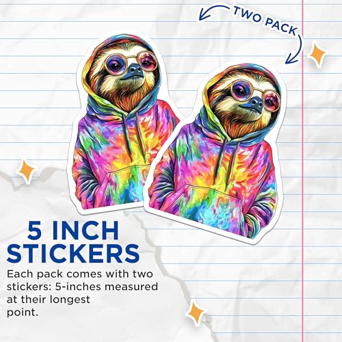 (2 Pack) Sloth Stickers - Tie Dye Hoodie Sloth - Cute Animal Stickers - 5" On Longest Side - Sticks to Smooth Flat Surfaces - Made in USA - BMCS9517