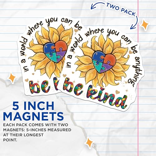 (2 Pack) Be Kind Magnets - Inspirational Sunflower - Autism Awareness - Motivational - Positive Message - 5" On Longest Side - for Cars, Fridges, Toolboxes - Made in USA - MAG4158