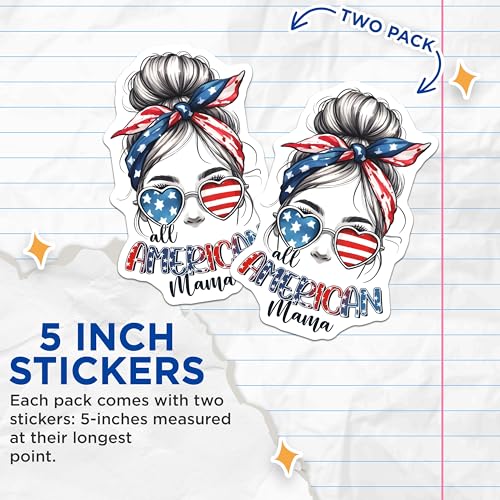 (2 Pack) All American Mama Stickers - Patriotic Decal - USA Pride for Moms - 5" On Longest Side - Sticks to Smooth Flat Surfaces - Made in USA - BMCS7441
