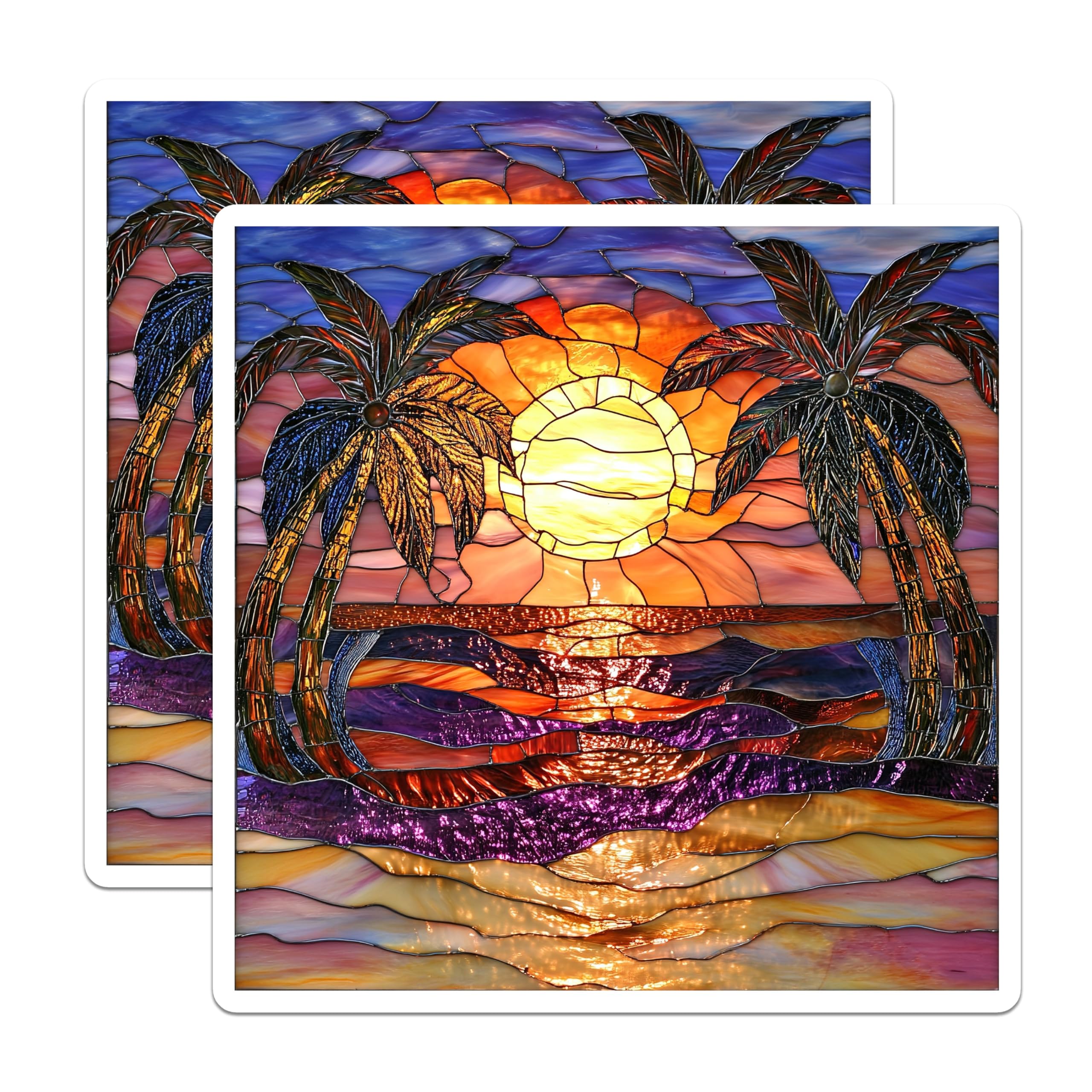 (2 Pack) Stained Glass Sunset Magnets - Tropical Palm Tree Beach Scene - Vibrant Ocean Refrigerator Decor - 5 Inches On Longest Side - Thick Durable Magnet - Made in USA - MAG29744