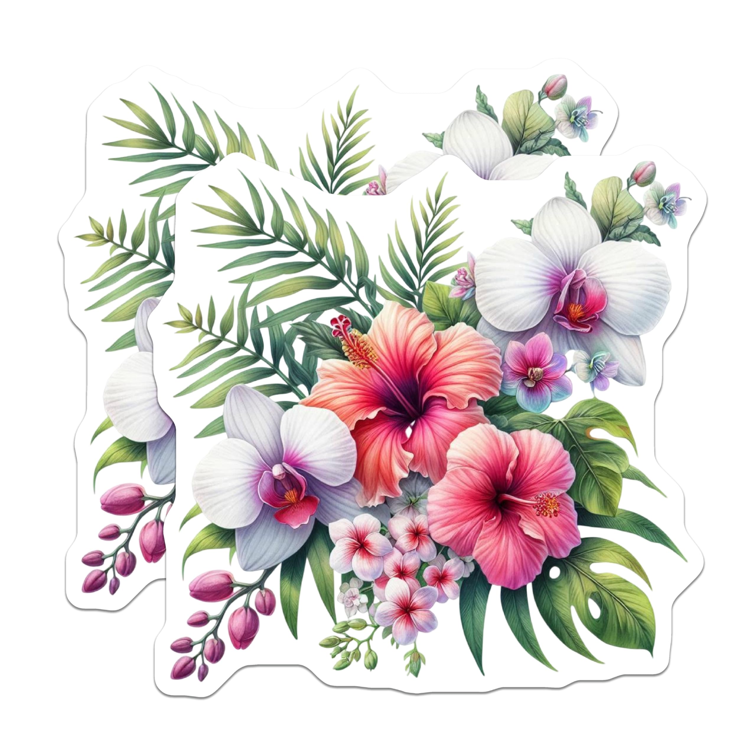 (2 Pack) Tropical Floral Magnets - Vibrant Hawaiian Hibiscus Orchid Arrangement - Exotic Botanical Fridge Decor - 5 Inches On Longest Side - Thick Durable Magnet - Made in USA - MAG22911