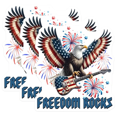 (3 Pack) American Eagle Decals - Patriotic Guitar - Freedom Rocks Decals - 3 Inches On Longest Side - Easy Peel & Apply - Made in USA - 3MCS6178
