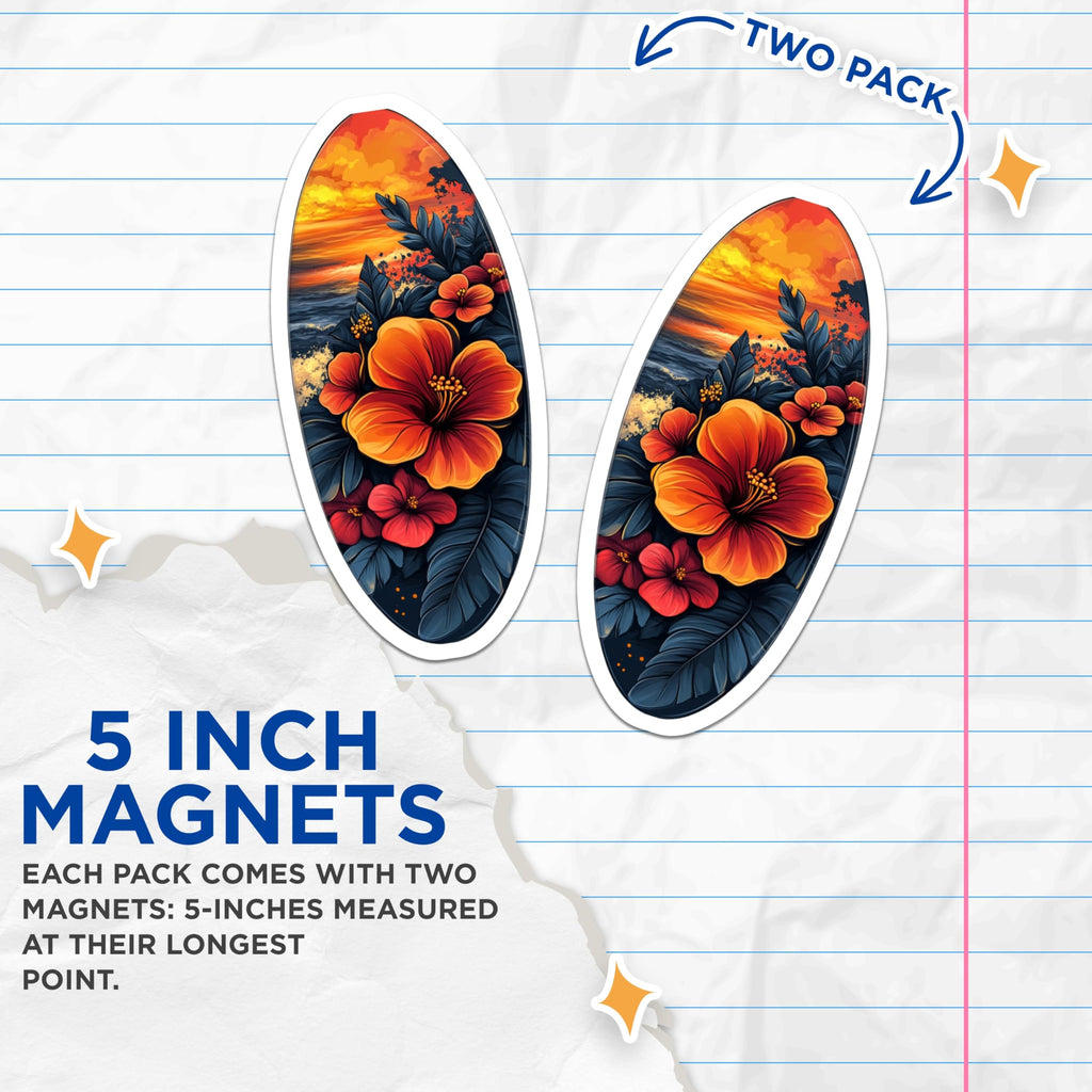 (2 Pack) Tropical Hibiscus Magnets - Sunset Beach Decor - Hawaiian Flower Art - 5 Inches On Longest Side - Thick Durable Magnet - Made in USA - MAG30821