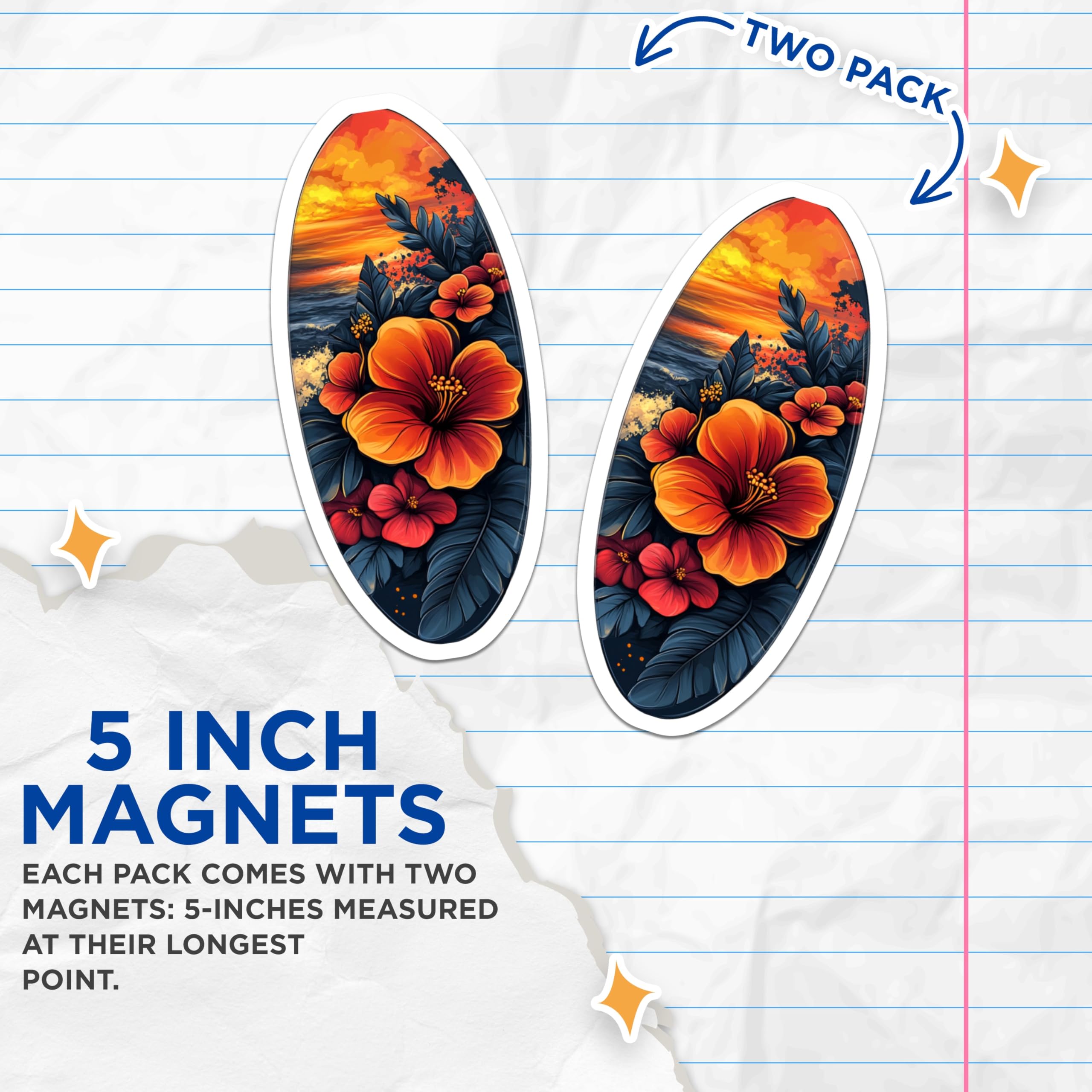 (2 Pack) Tropical Hibiscus Magnets - Sunset Beach Decor - Hawaiian Flower Art - 5 Inches On Longest Side - Thick Durable Magnet - Made in USA - MAG30821