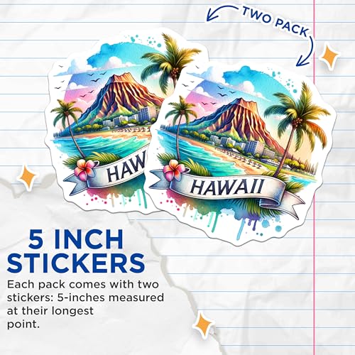(2 Pack) Hawaii Stickers - Tropical Beach Vibes - Diamond Head Mountain - Hawaiian Vacation Souvenir - 5" On Longest Side - Sticks to Smooth Flat Surfaces - Made in USA - BMCS6907