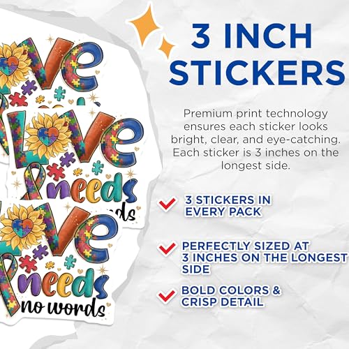 (3 Pack) Autism Awareness Decals - Love Needs No Words - Puzzle Piece Ribbon Decal - 3 Inches On Longest Side - Easy Peel & Apply - Made in USA - 3MCS2930