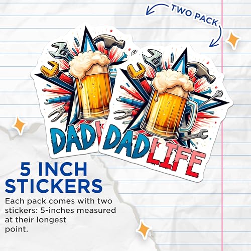 (2 Pack) Dad Life Stickers - Wrench Hammer Saw - Beer Mug Tools - 5" On Longest Side - Sticks to Smooth Flat Surfaces - Made in USA - BMCS7464