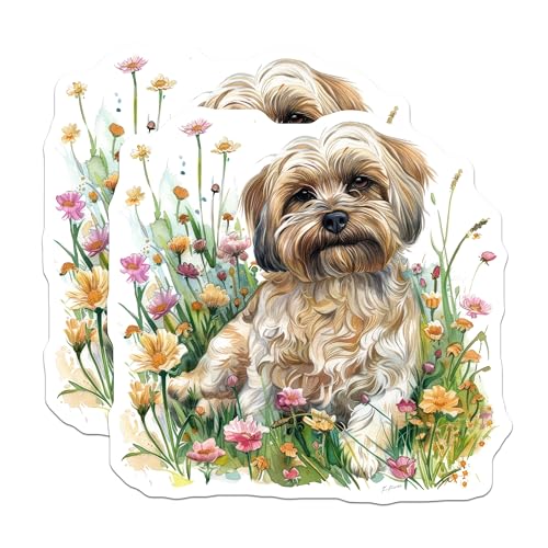 (2 Pack) Adorable Dog Stickers - Cute Pet Decals - Floral Dog Art - Pup in Flowers Stickers - Dog Lover Stickers - 5" On Longest Side - Sticks to Smooth Flat Surfaces - Made in USA - BMCS6459