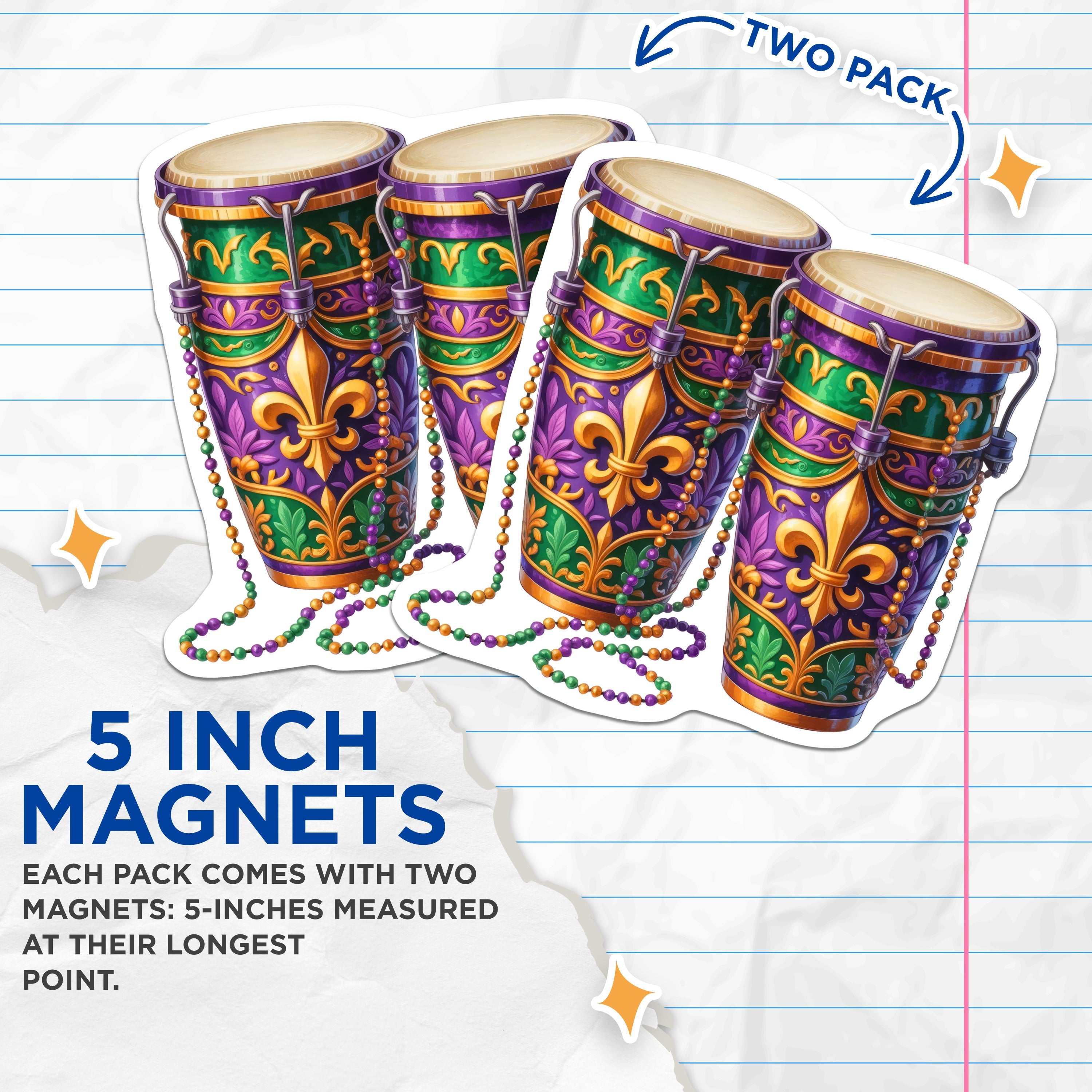 (2 Pack) Mardi Gras Conga Drums Magnets - New Orleans Decor - Fleur De Lis Art Celebration Souvenir - 5 Inches On Longest Side - Thick Durable Magnet - Made in USA - MAG38022
