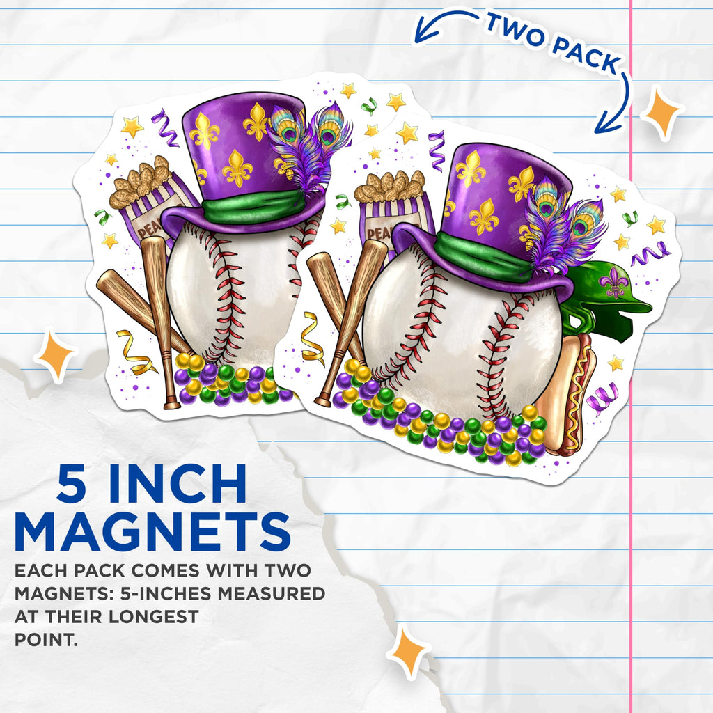(2 Pack) Mardi Gras Baseball Magnets - New Orleans Sports Decor - Fat Tuesday Fan Refrigerator - 5 Inches On Longest Side - Thick Durable Magnet - Made in USA - MAG25521