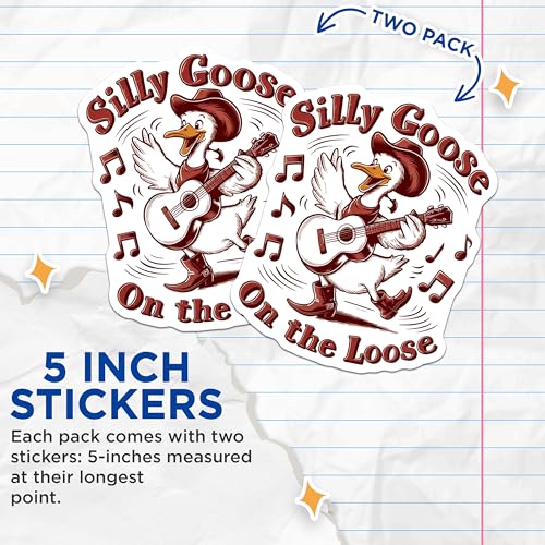 (2 Pack) Silly Goose Stickers - Funny Animal - Guitar Playing Duck - Vinyl Decal - 5" On Longest Side - Sticks to Smooth Flat Surfaces - Made in USA - BMCS5862