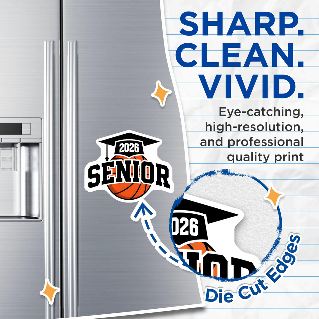 (2 Pack) Senior 2026 Basketball Magnets - Graduation Class of 2026 - High School Sports Decor - 5 Inches On Longest Side - Thick Durable Magnet - Made in USA - MAG22423